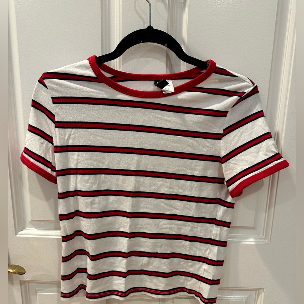 Red, White, and Black Striped T-shirt, Size M